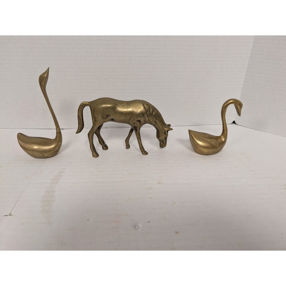 Vintage Brass Swans And Horse